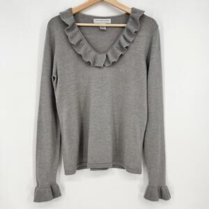 Bloomindales Sutton Studio Merino Wool Sweater XL Gray Bell Sleeve Ruffle Scoop